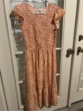 Luxology Peach Floral Smocked Midi Dress